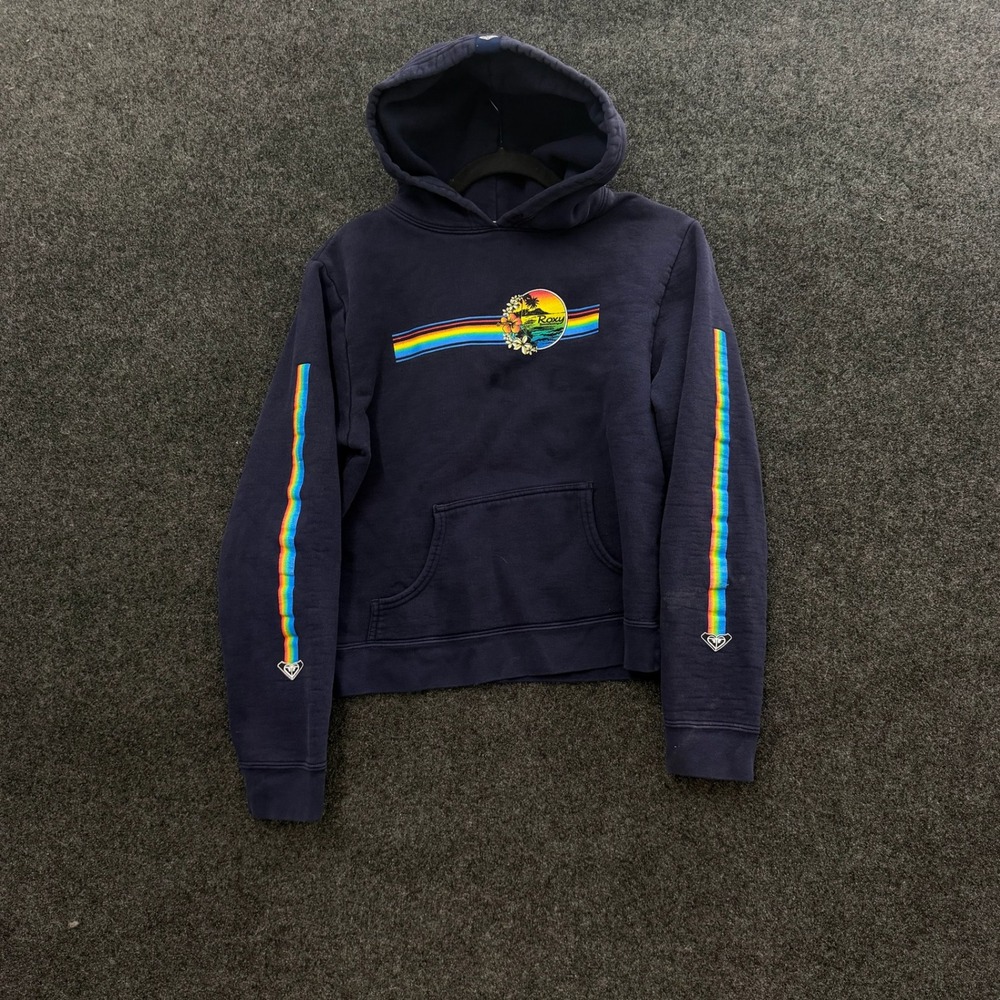 Roxy Vintage Surf Rainbow Graphic Hoodie Navy Blue Pullover Small